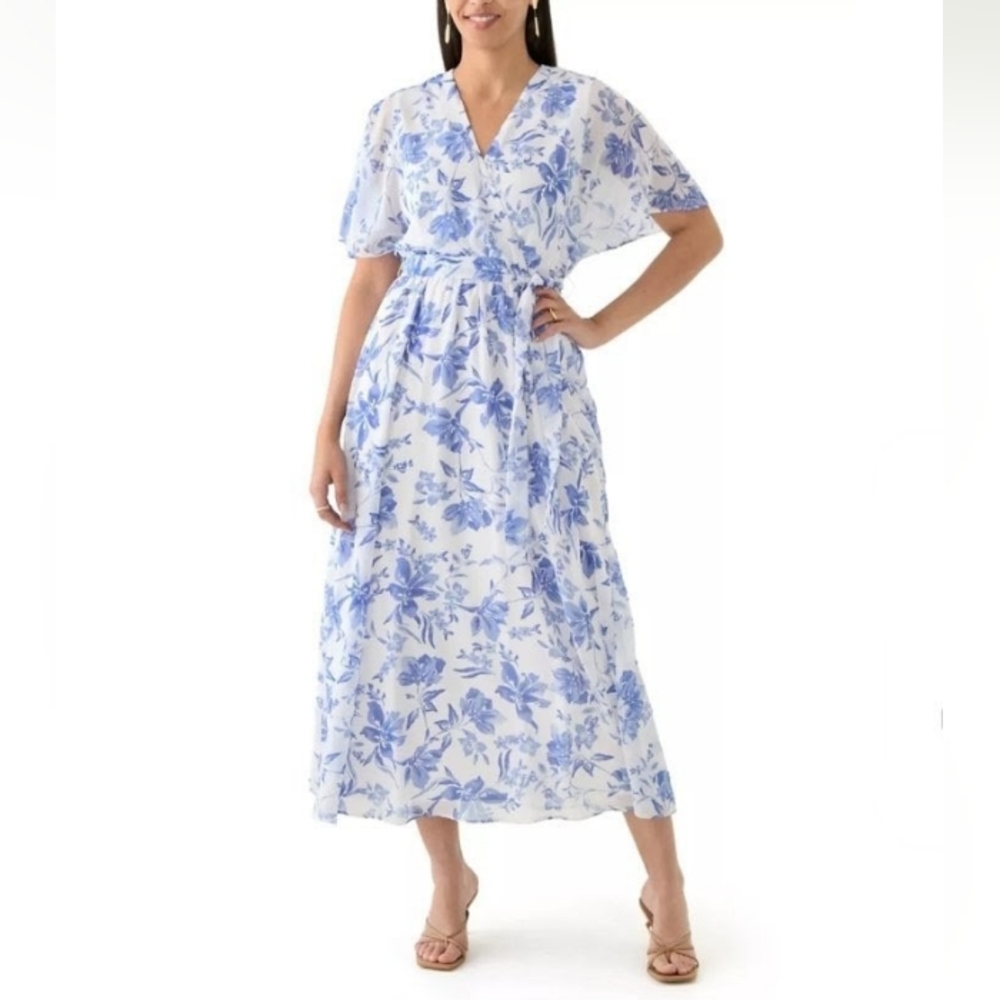 NEW Sandra Darren Floral Chiffon V-Neck Maxi Dress Size 10 Blue White